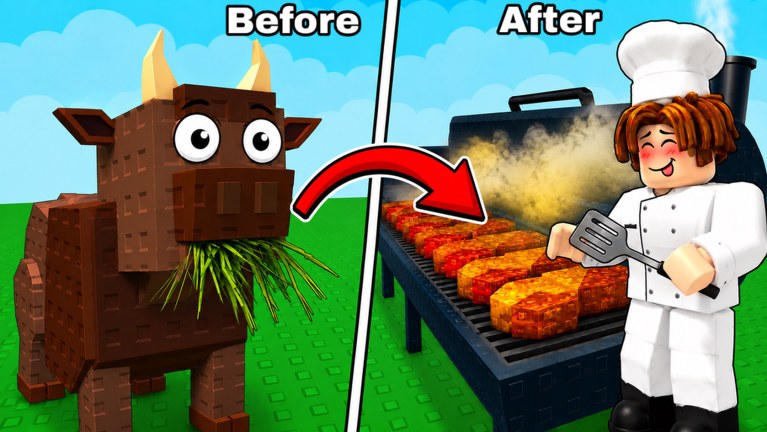Hatch And Fry split of a grass-fed cow and steaks cooking on a restaurant grill